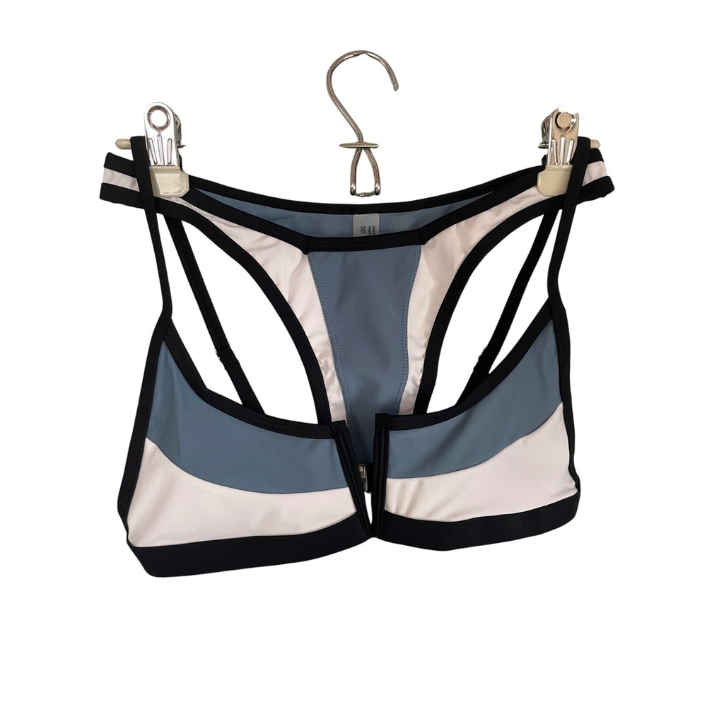 Colorblock Front Zip Bikini Set Blue White Black Sporty Cutout Swimsuit Medium - Picture 6 of 6